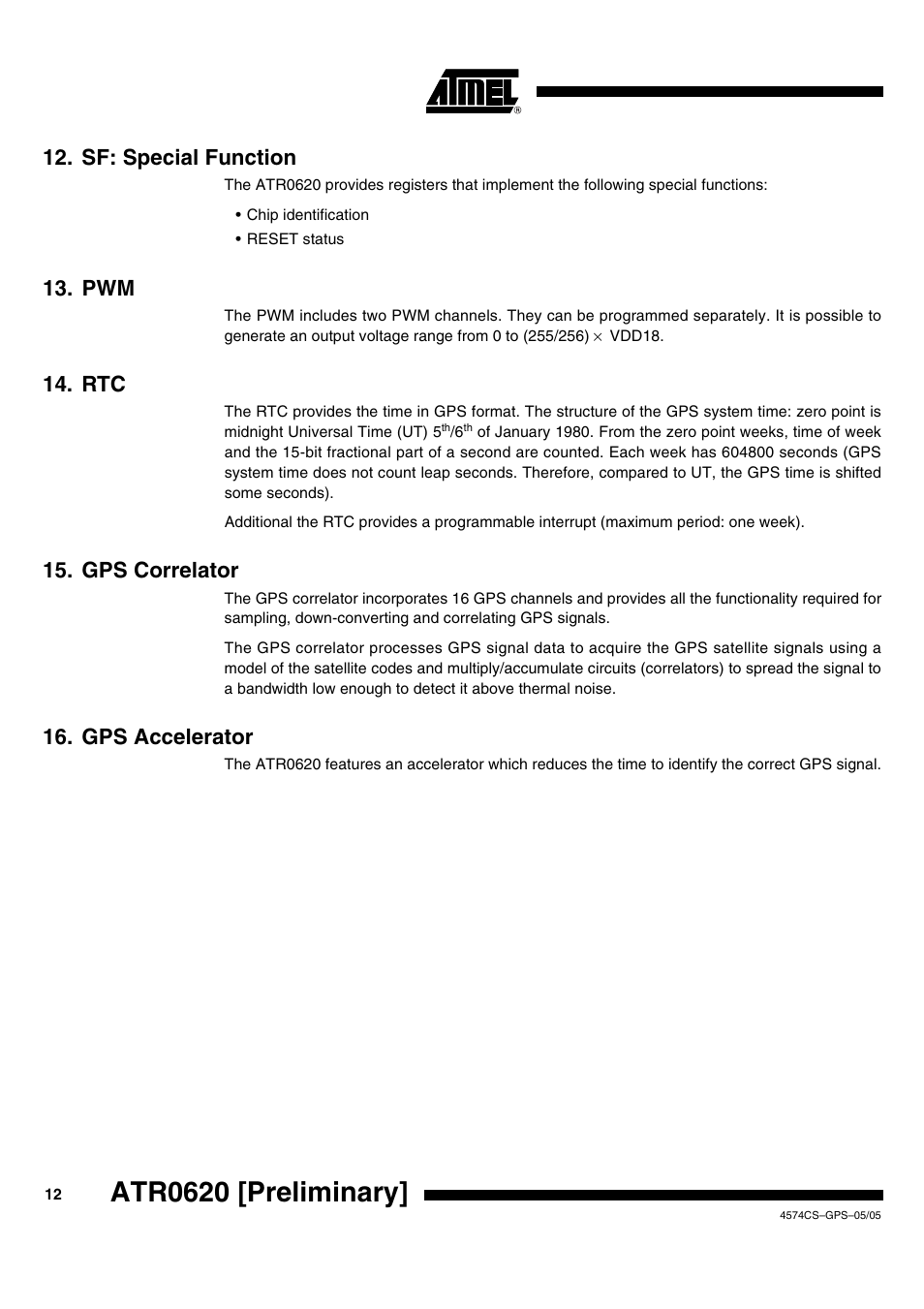 Atr0620 [preliminary, Sf: special function, Gps correlator | Gps accelerator | Rainbow Electronics ATR0620 User Manual | Page 12 / 15