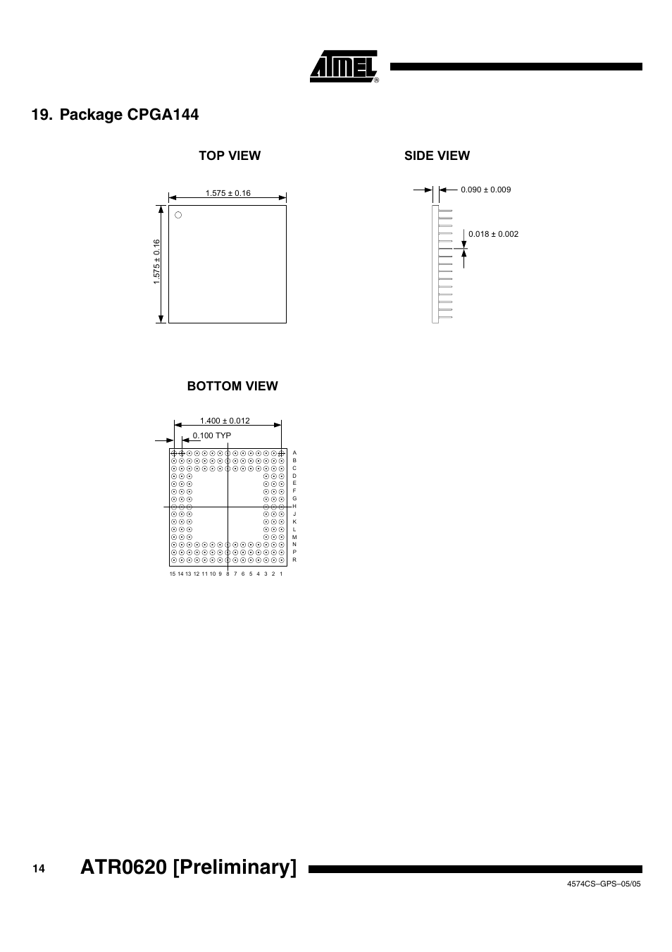 Atr0620 [preliminary, Package cpga144, Top view bottom view | Side view | Rainbow Electronics ATR0620 User Manual | Page 14 / 15