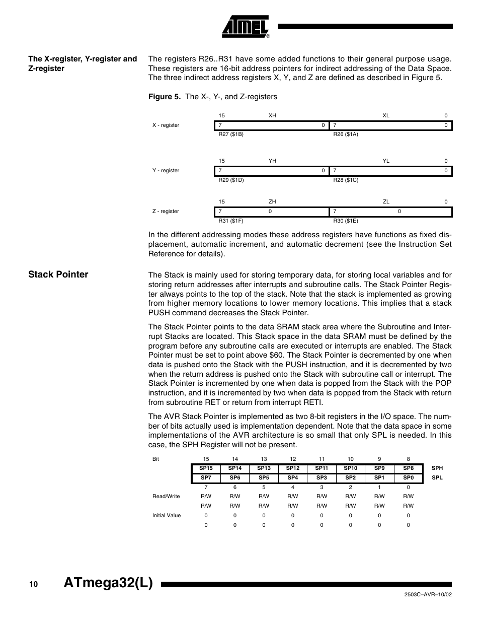 The x-register, y-register and z-register, Stack pointer, Atmega32(l) | Rainbow Electronics ATmega32L User Manual | Page 10 / 313