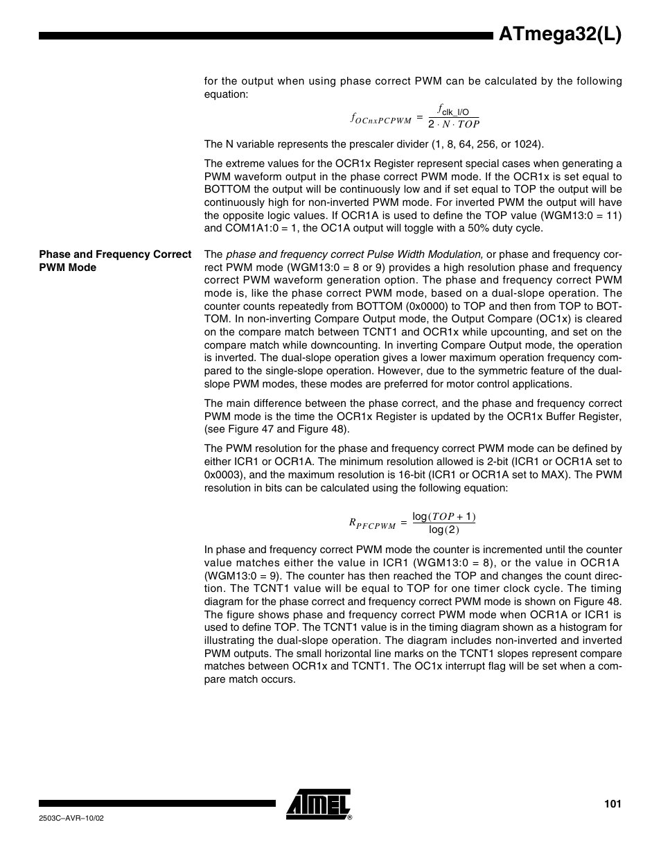 Phase and frequency correct pwm mode, Atmega32(l) | Rainbow Electronics ATmega32L User Manual | Page 101 / 313