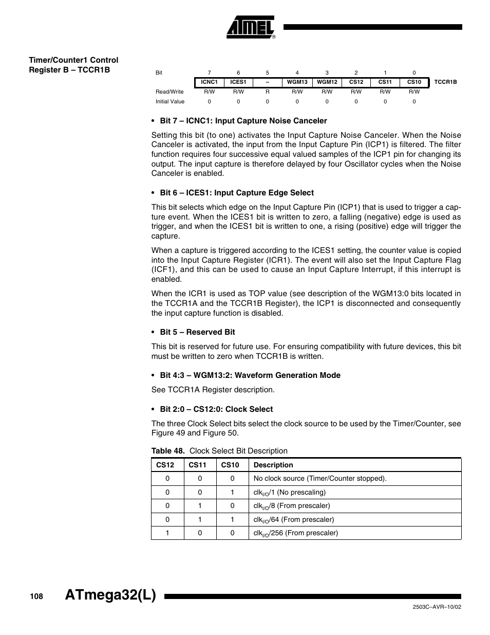 Timer/counter1 control register b – tccr1b, Atmega32(l) | Rainbow Electronics ATmega32L User Manual | Page 108 / 313