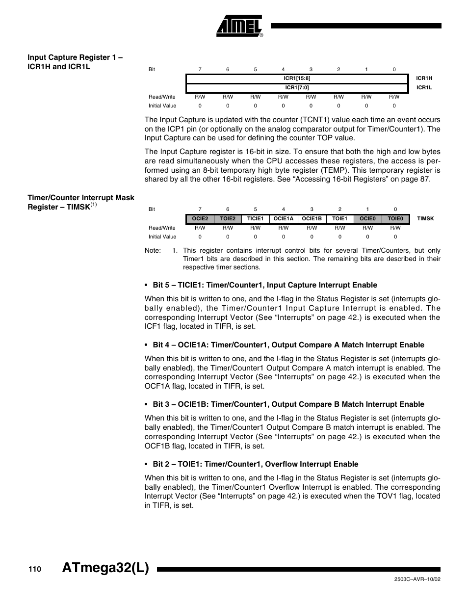 Input capture register 1 – icr1h and icr1l, Timer/counter interrupt mask register – timsk(1), Atmega32(l) | Rainbow Electronics ATmega32L User Manual | Page 110 / 313