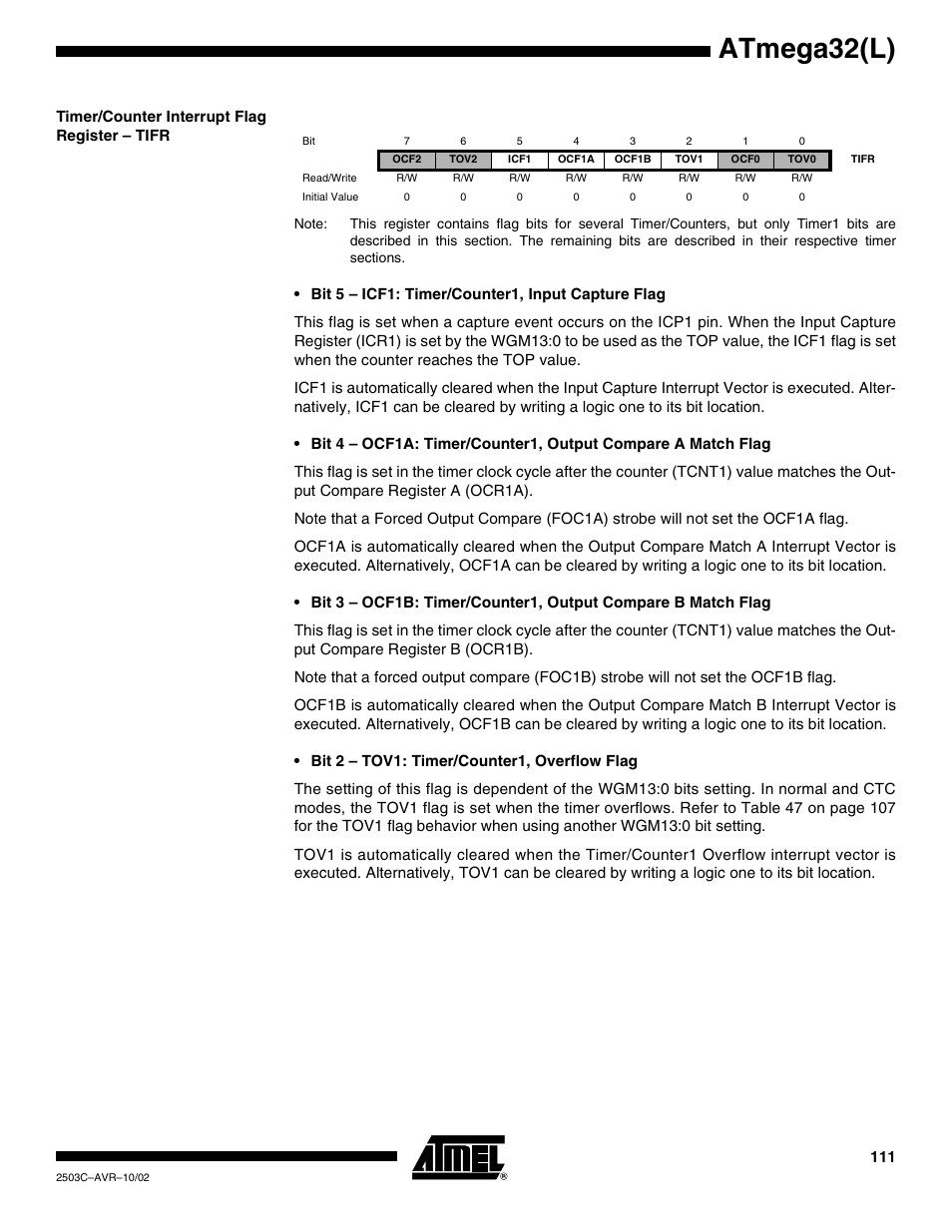 Timer/counter interrupt flag register – tifr, Atmega32(l) | Rainbow Electronics ATmega32L User Manual | Page 111 / 313