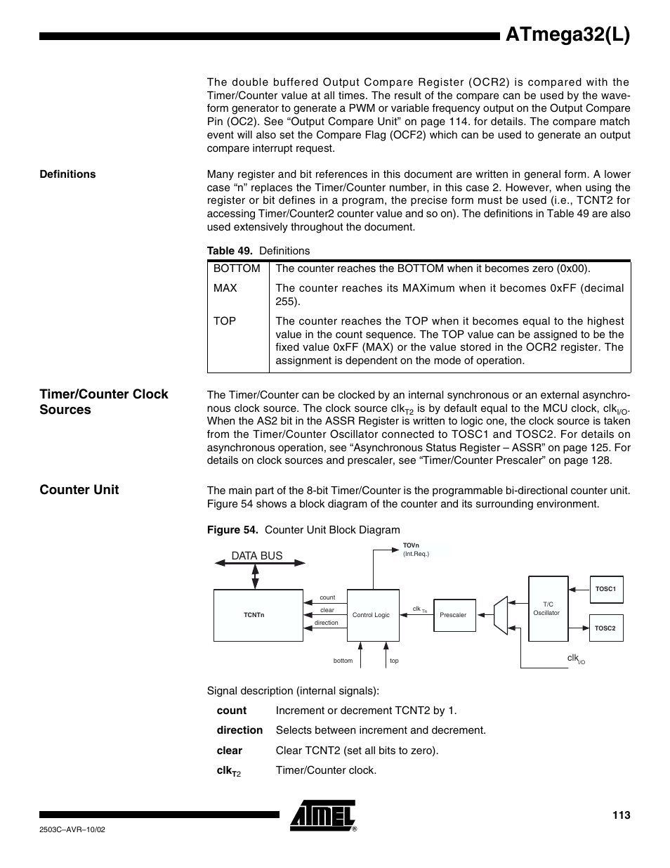 Definitions, Timer/counter clock sources, Counter unit | Atmega32(l) | Rainbow Electronics ATmega32L User Manual | Page 113 / 313