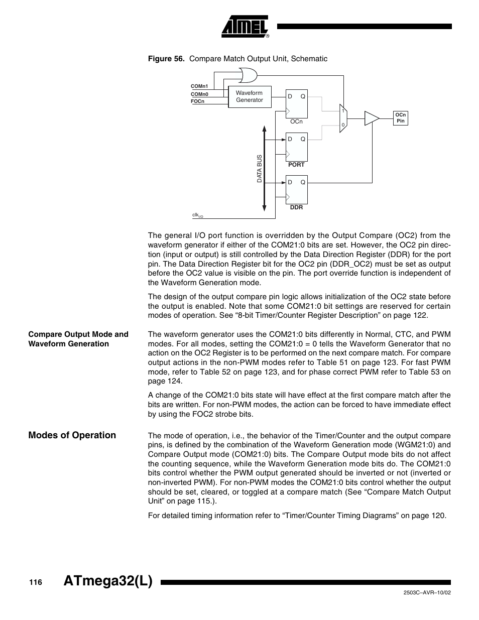 Compare output mode and waveform generation, Modes of operation, Atmega32(l) | Rainbow Electronics ATmega32L User Manual | Page 116 / 313