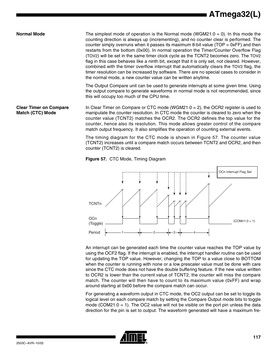 Normal mode, Clear timer on compare match (ctc) mode, Atmega32(l) | Rainbow Electronics ATmega32L User Manual | Page 117 / 313