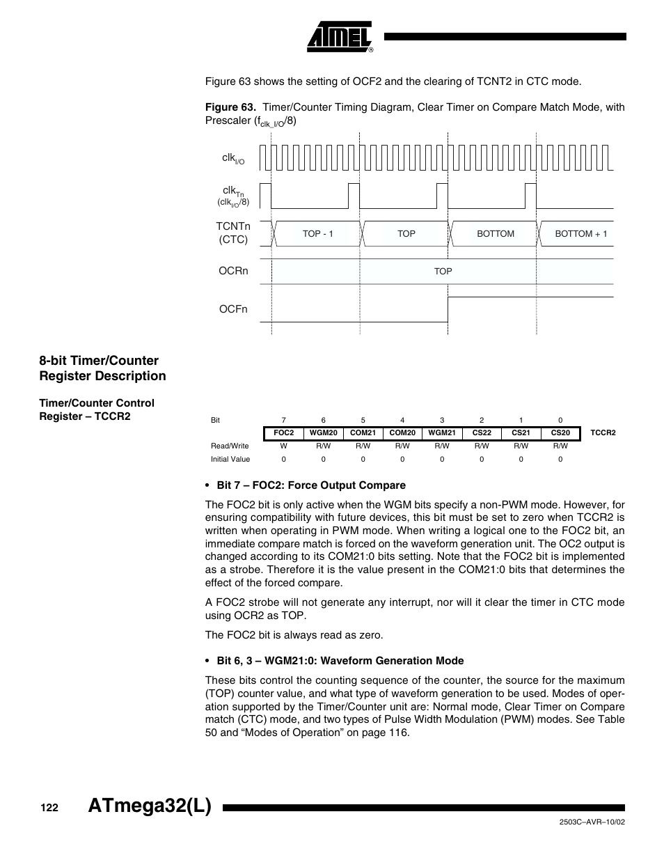 Bit timer/counter register description, Timer/counter control register – tccr2, Atmega32(l) | Rainbow Electronics ATmega32L User Manual | Page 122 / 313