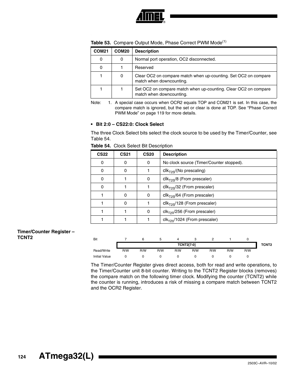 Timer/counter register – tcnt2, Atmega32(l) | Rainbow Electronics ATmega32L User Manual | Page 124 / 313
