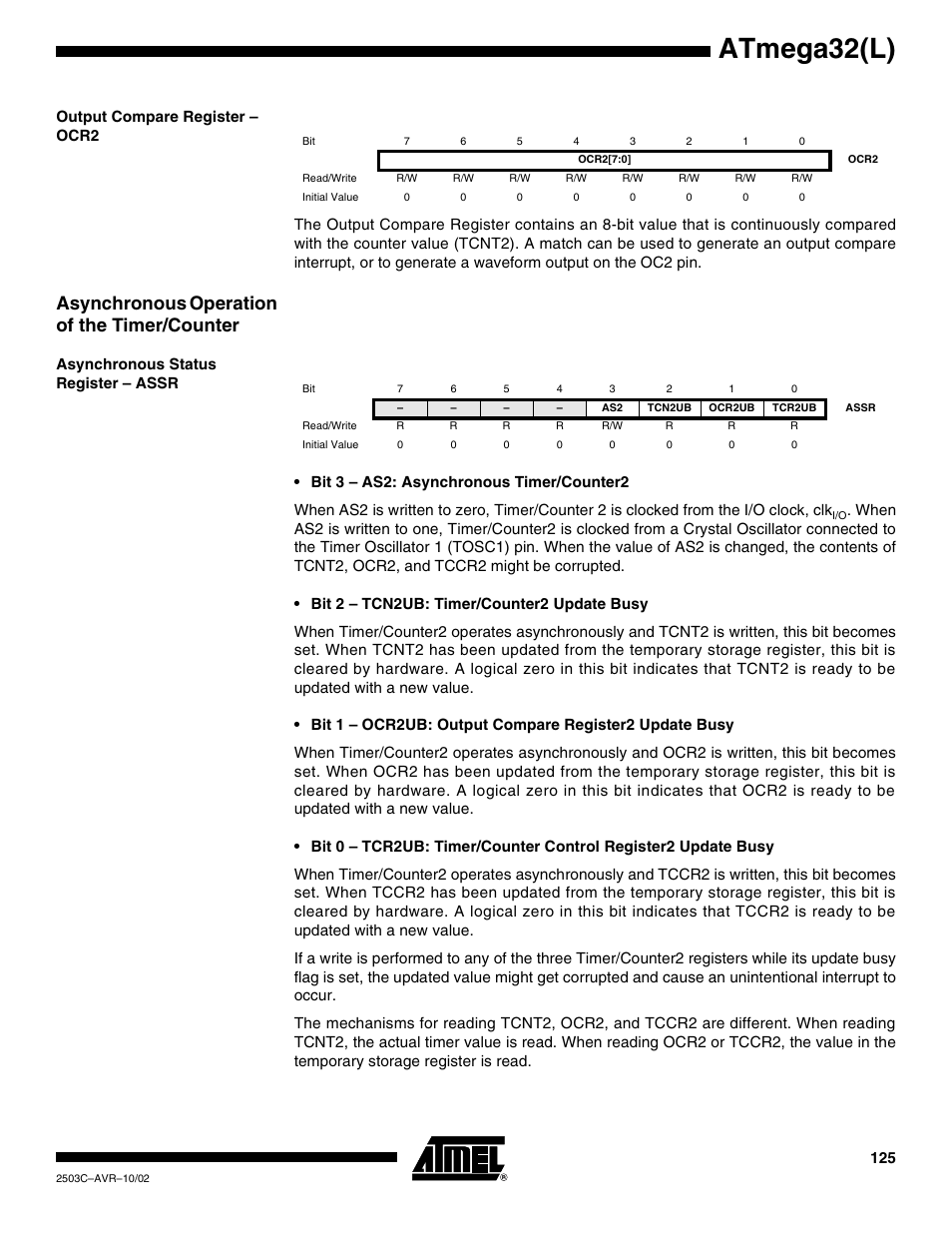Output compare register – ocr2, Asynchronous operation of the timer/counter, Asynchronous status register – assr | Atmega32(l) | Rainbow Electronics ATmega32L User Manual | Page 125 / 313