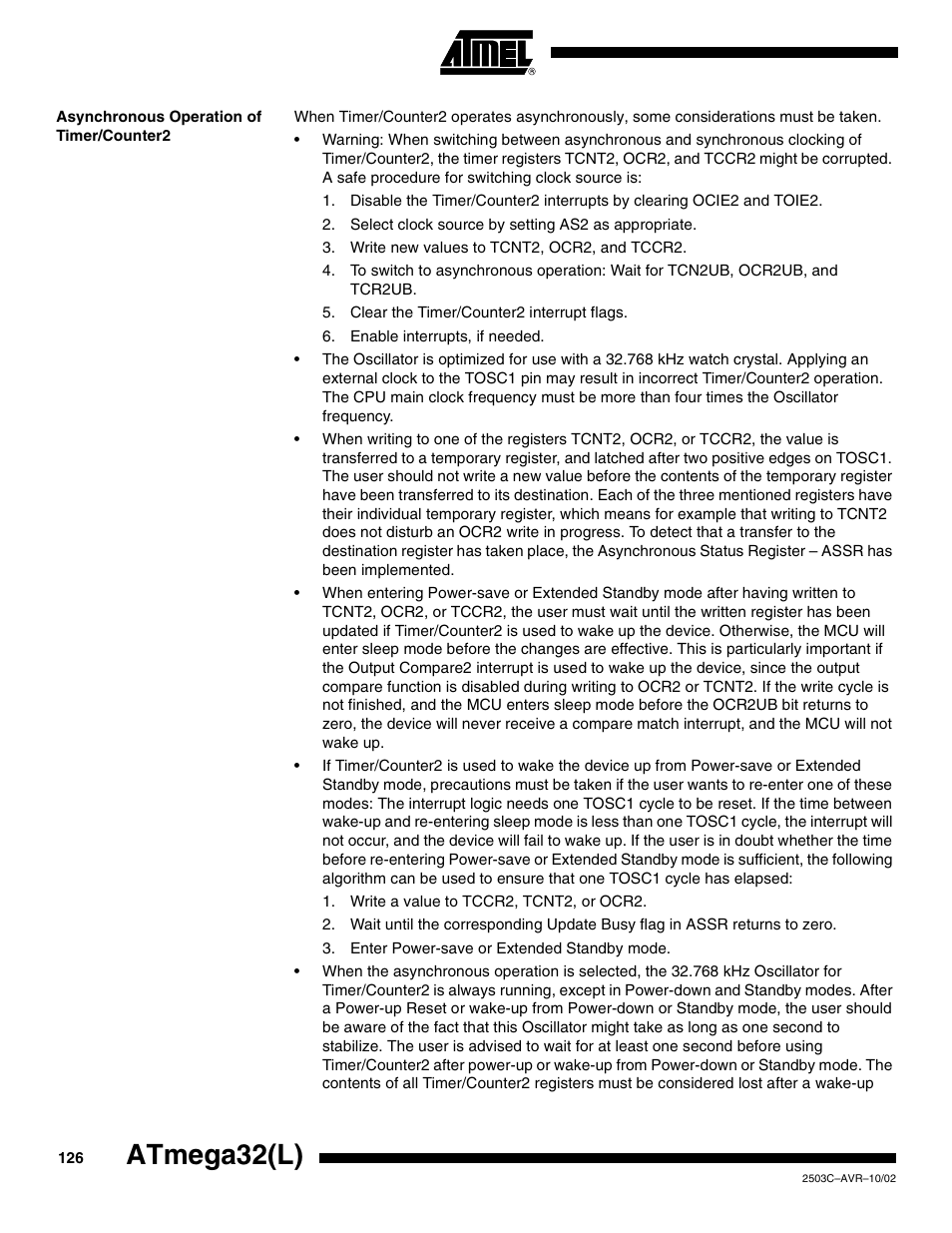 Asynchronous operation of timer/counter2, Atmega32(l) | Rainbow Electronics ATmega32L User Manual | Page 126 / 313