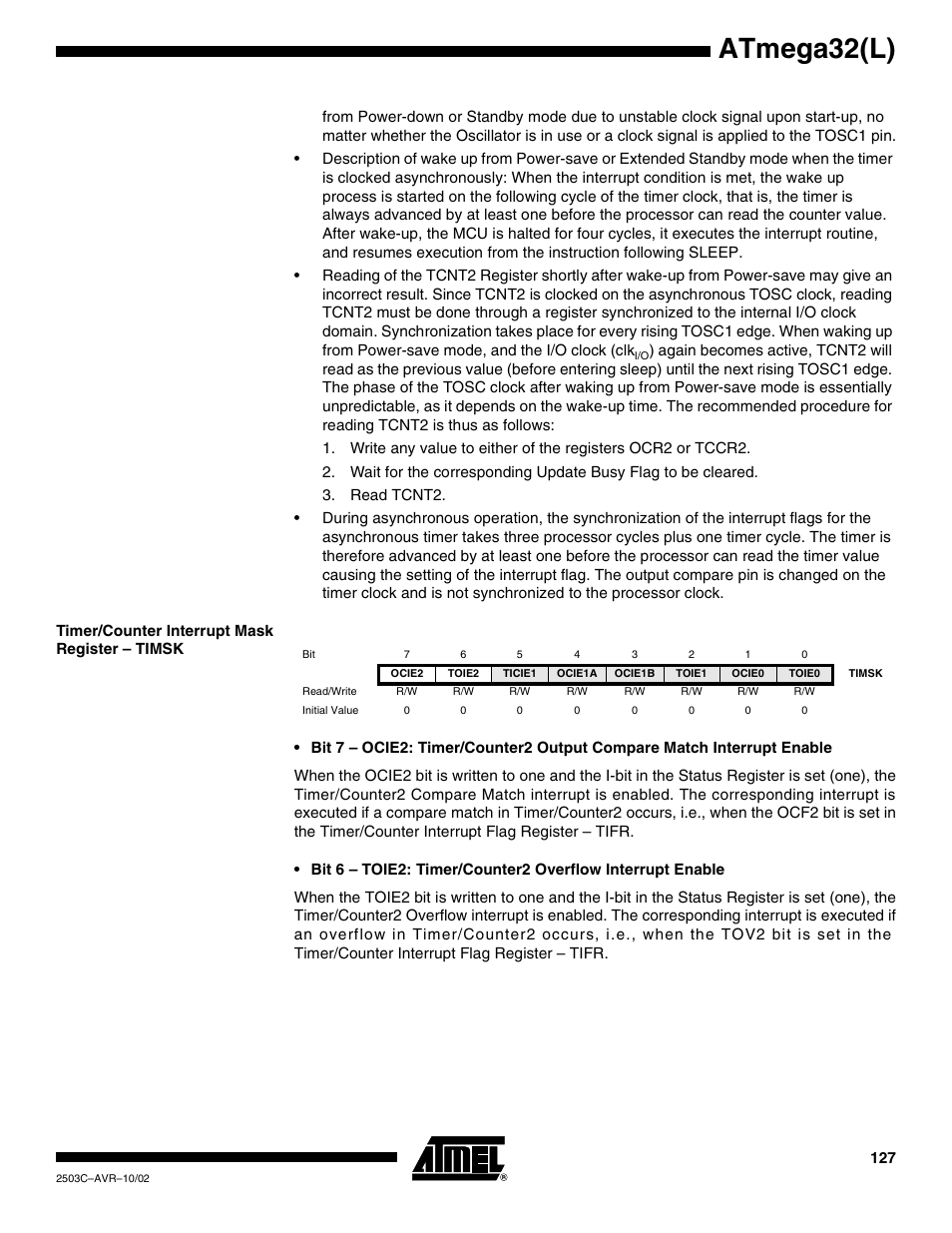 Timer/counter interrupt mask register – timsk, Atmega32(l) | Rainbow Electronics ATmega32L User Manual | Page 127 / 313