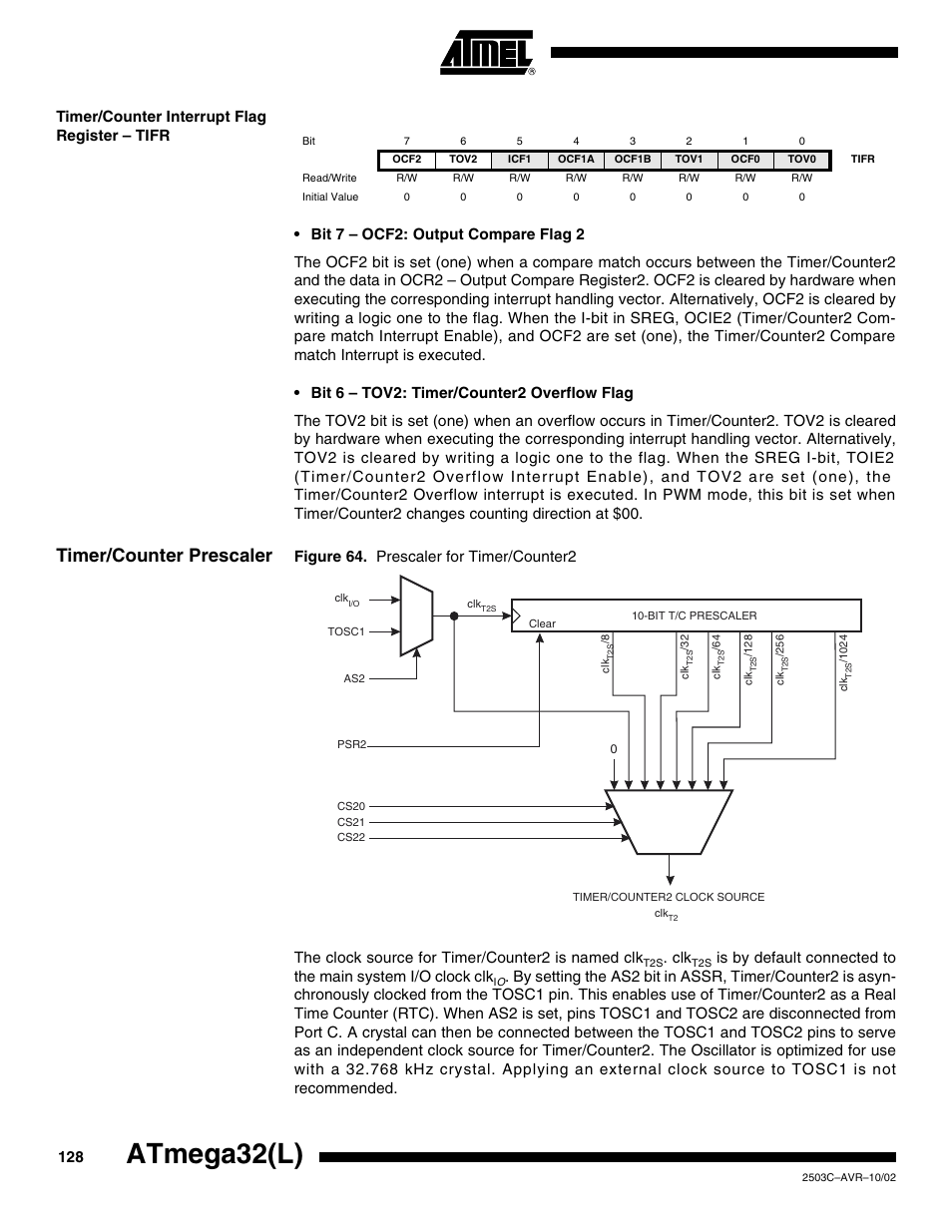 Timer/counter interrupt flag register – tifr, Timer/counter prescaler, Atmega32(l) | Rainbow Electronics ATmega32L User Manual | Page 128 / 313