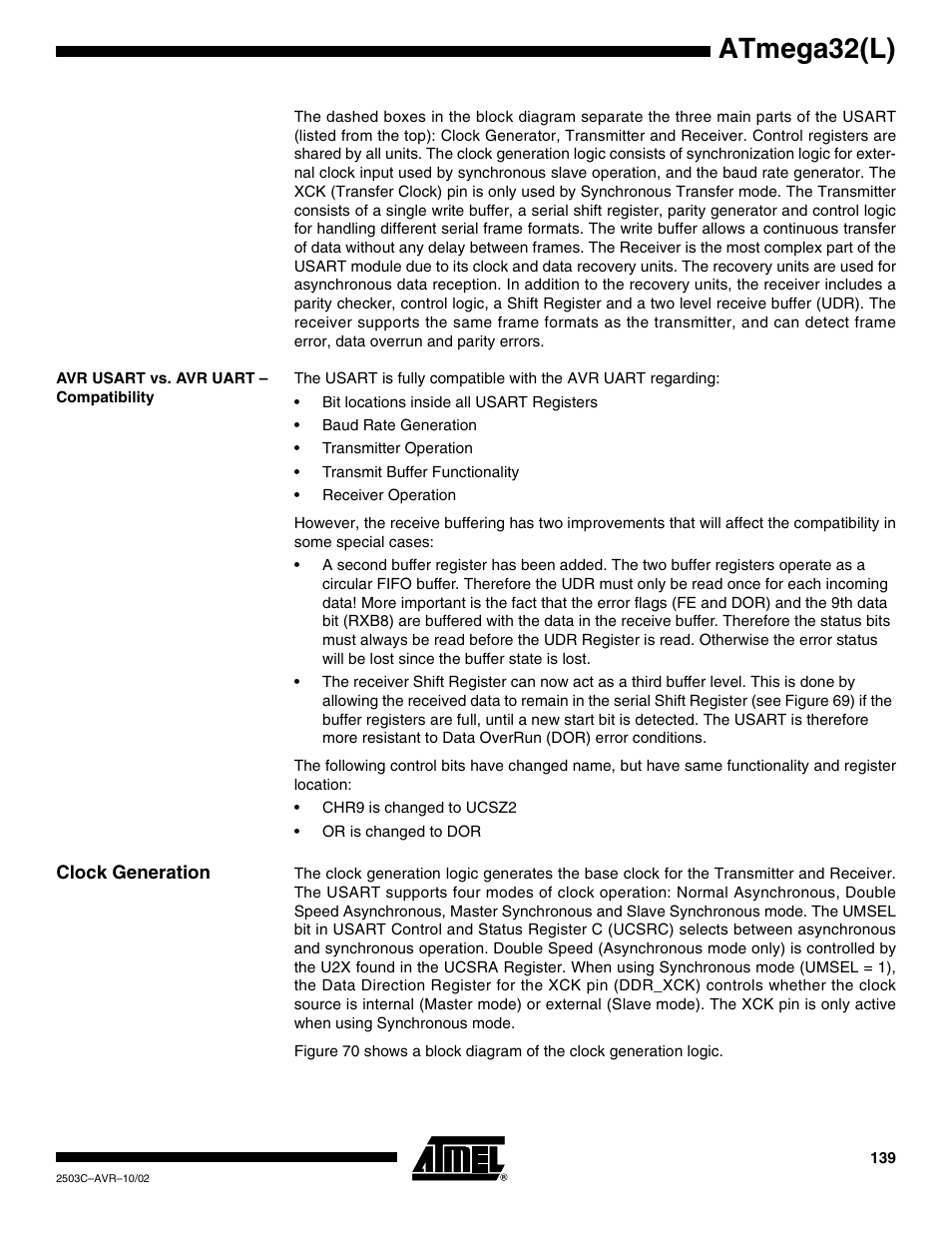 Avr usart vs. avr uart – compatibility, Clock generation, Atmega32(l) | Rainbow Electronics ATmega32L User Manual | Page 139 / 313