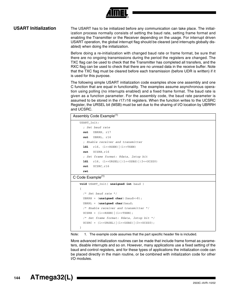 Usart initialization, Atmega32(l) | Rainbow Electronics ATmega32L User Manual | Page 144 / 313