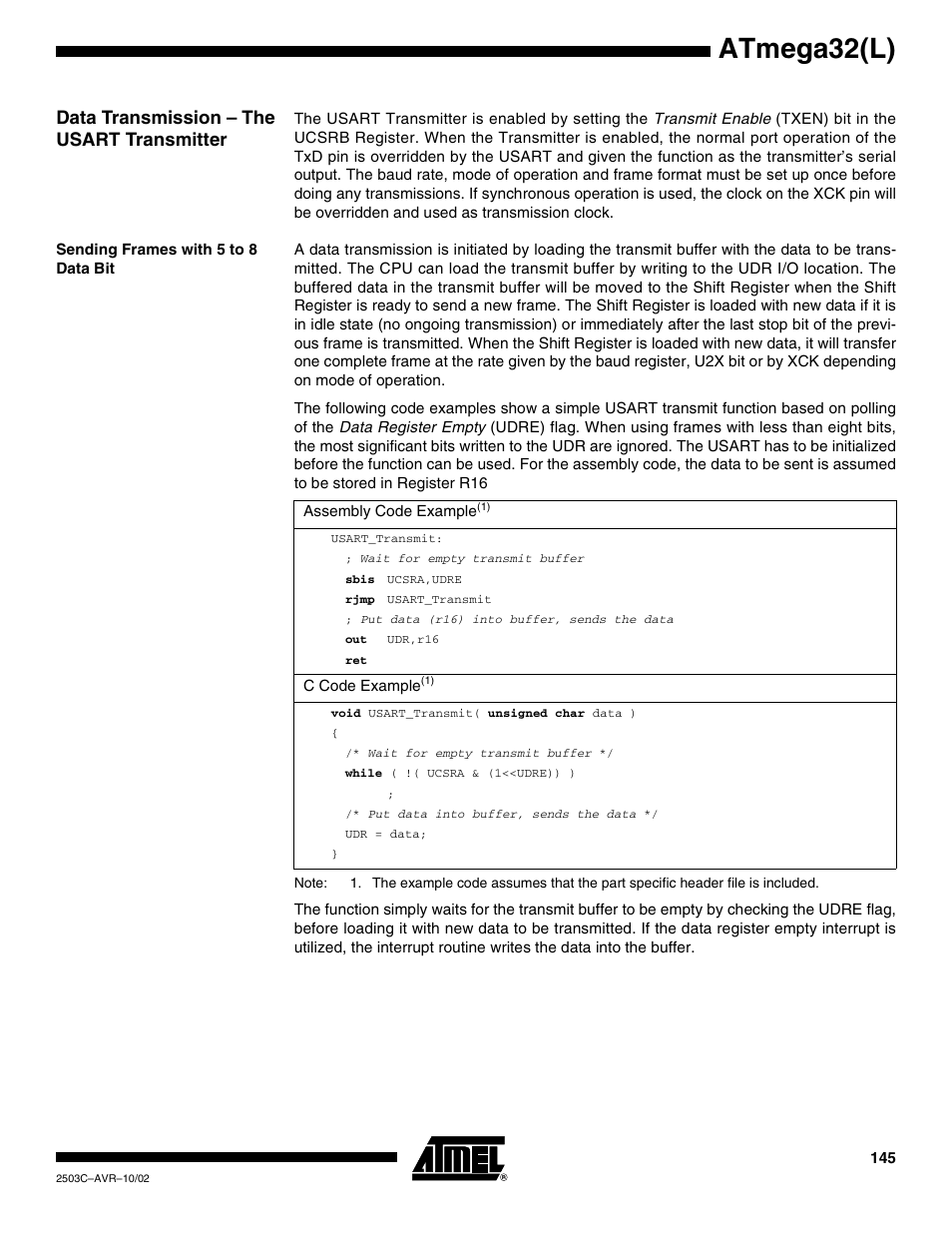 Data transmission – the usart transmitter, Sending frames with 5 to 8 data bit, Atmega32(l) | Rainbow Electronics ATmega32L User Manual | Page 145 / 313