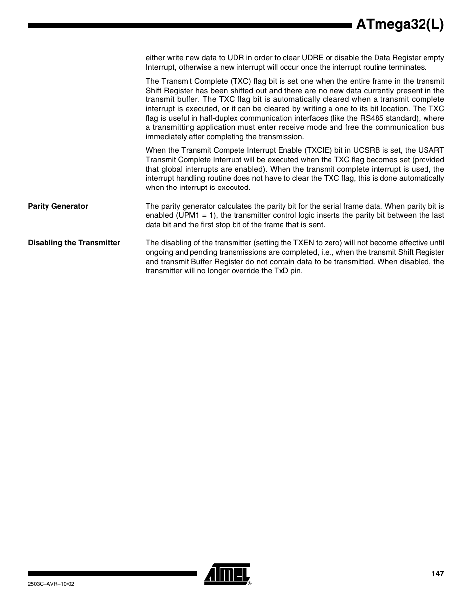 Parity generator, Disabling the transmitter, Atmega32(l) | Rainbow Electronics ATmega32L User Manual | Page 147 / 313