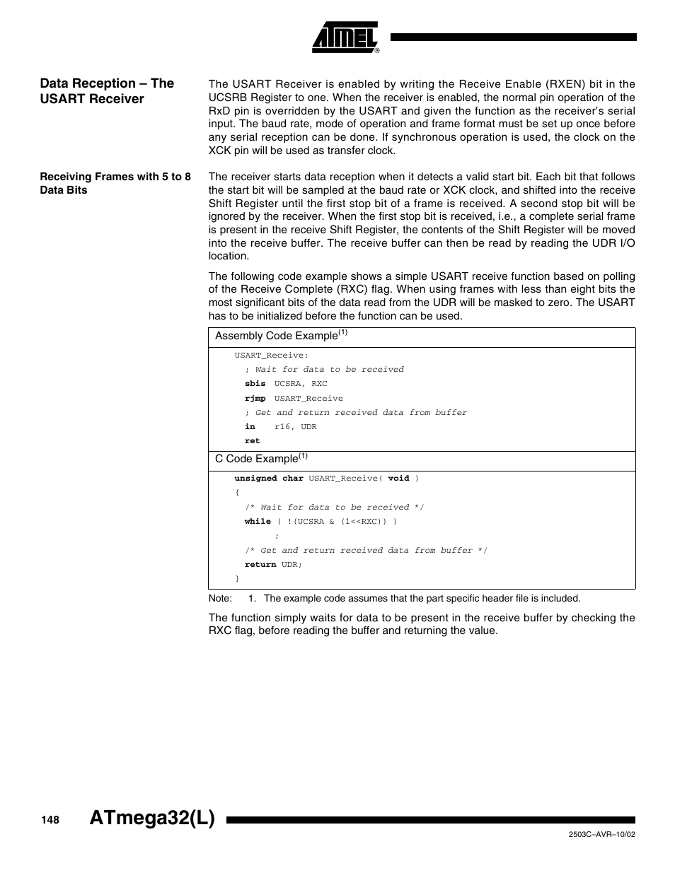 Data reception – the usart receiver, Receiving frames with 5 to 8 data bits, Atmega32(l) | Rainbow Electronics ATmega32L User Manual | Page 148 / 313
