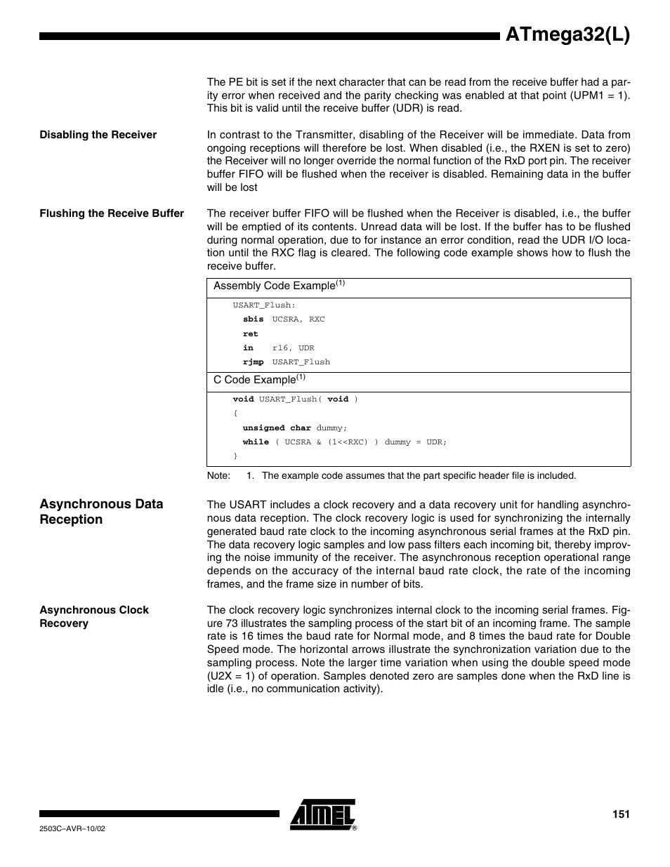 Disabling the receiver, Flushing the receive buffer, Asynchronous data reception | Asynchronous clock recovery, Atmega32(l) | Rainbow Electronics ATmega32L User Manual | Page 151 / 313