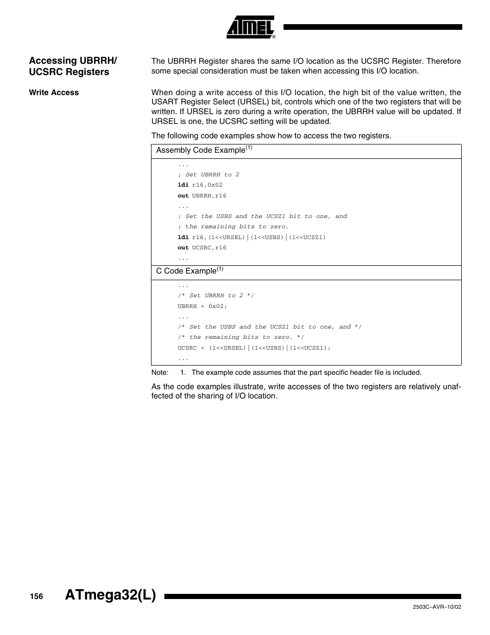 Accessing ubrrh/ ucsrc registers, Write access, Atmega32(l) | Rainbow Electronics ATmega32L User Manual | Page 156 / 313