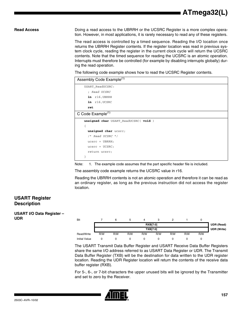 Read access, Usart register description, Usart i/o data register – udr | Atmega32(l) | Rainbow Electronics ATmega32L User Manual | Page 157 / 313