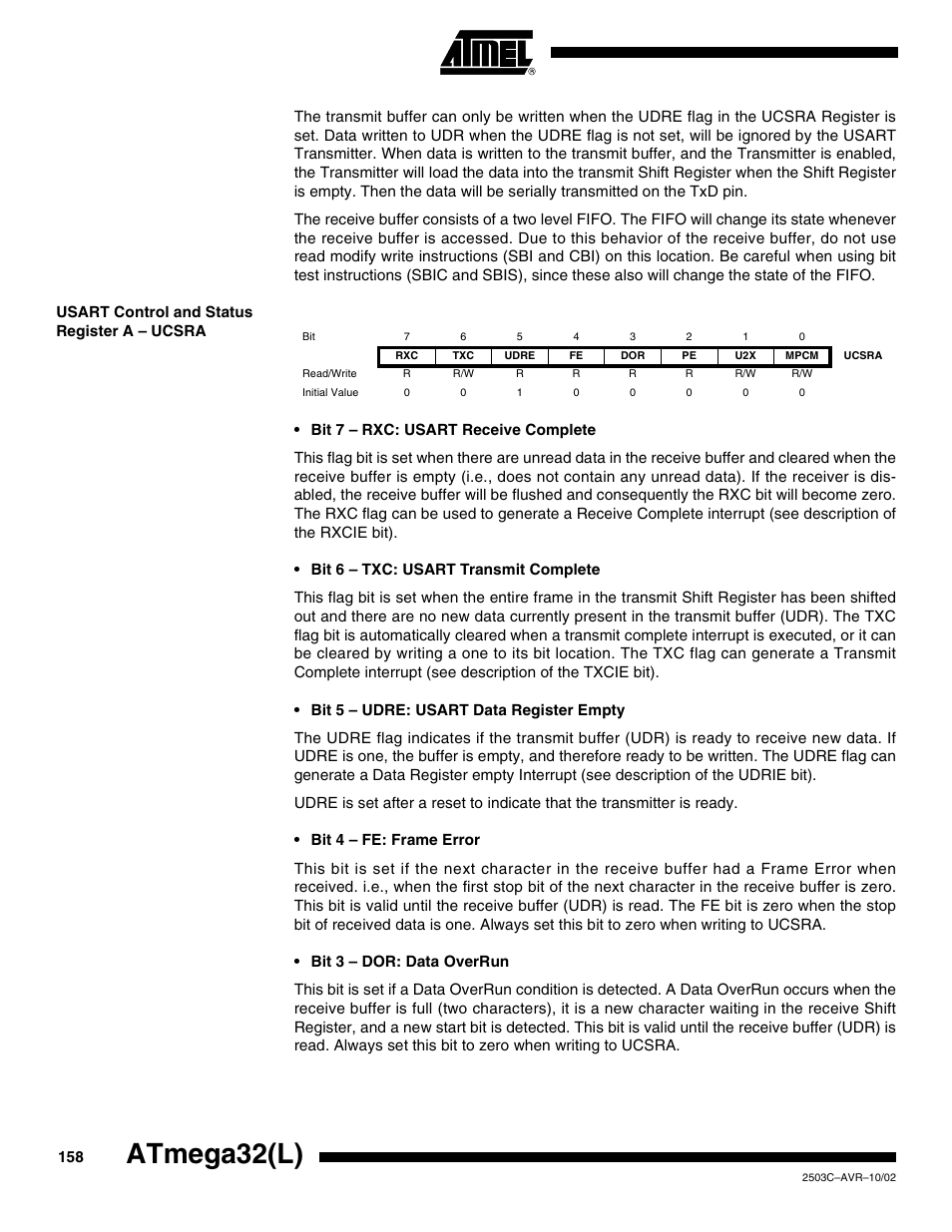 Usart control and status register a – ucsra, Atmega32(l) | Rainbow Electronics ATmega32L User Manual | Page 158 / 313