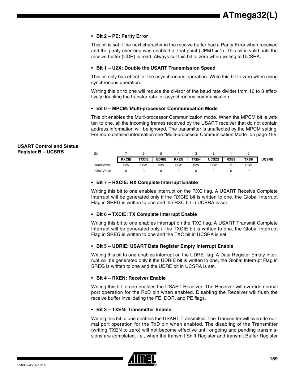 Usart control and status register b – ucsrb, Atmega32(l) | Rainbow Electronics ATmega32L User Manual | Page 159 / 313