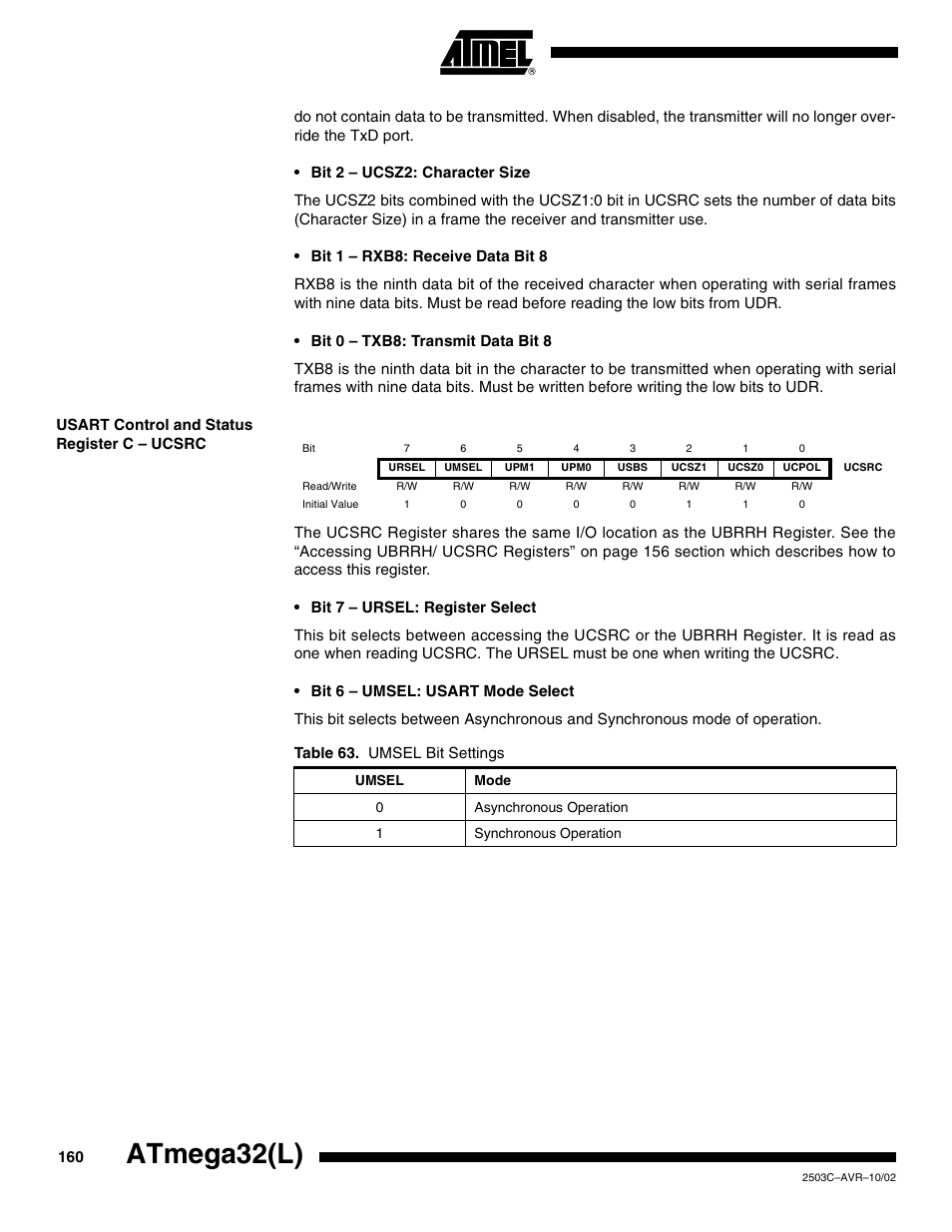 Usart control and status register c – ucsrc, Atmega32(l) | Rainbow Electronics ATmega32L User Manual | Page 160 / 313