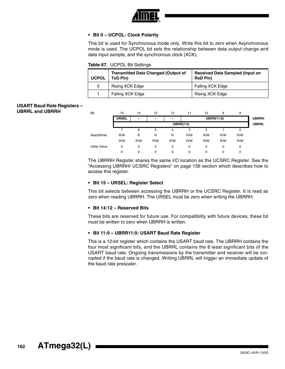 Usart baud rate registers – ubrrl and ubrrh, Atmega32(l) | Rainbow Electronics ATmega32L User Manual | Page 162 / 313