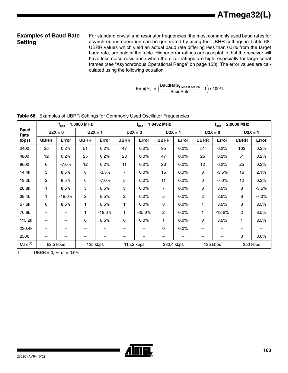 Examples of baud rate setting, Atmega32(l) | Rainbow Electronics ATmega32L User Manual | Page 163 / 313