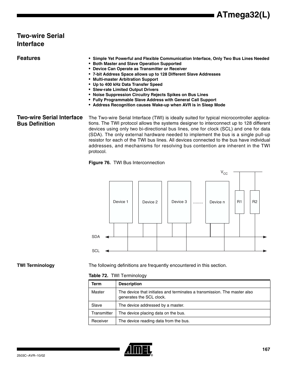 Two-wire serial interface, Features, Two-wire serial interface bus definition | Twi terminology, Atmega32(l) | Rainbow Electronics ATmega32L User Manual | Page 167 / 313