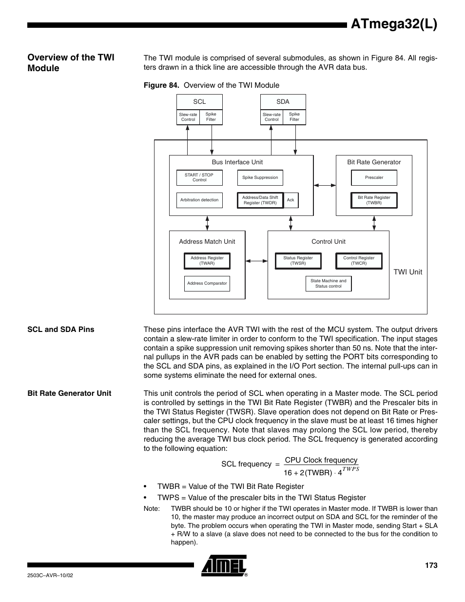 Overview of the twi module, Scl and sda pins, Bit rate generator unit | Atmega32(l) | Rainbow Electronics ATmega32L User Manual | Page 173 / 313