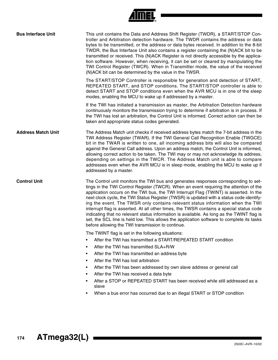 Bus interface unit, Address match unit, Control unit | Atmega32(l) | Rainbow Electronics ATmega32L User Manual | Page 174 / 313