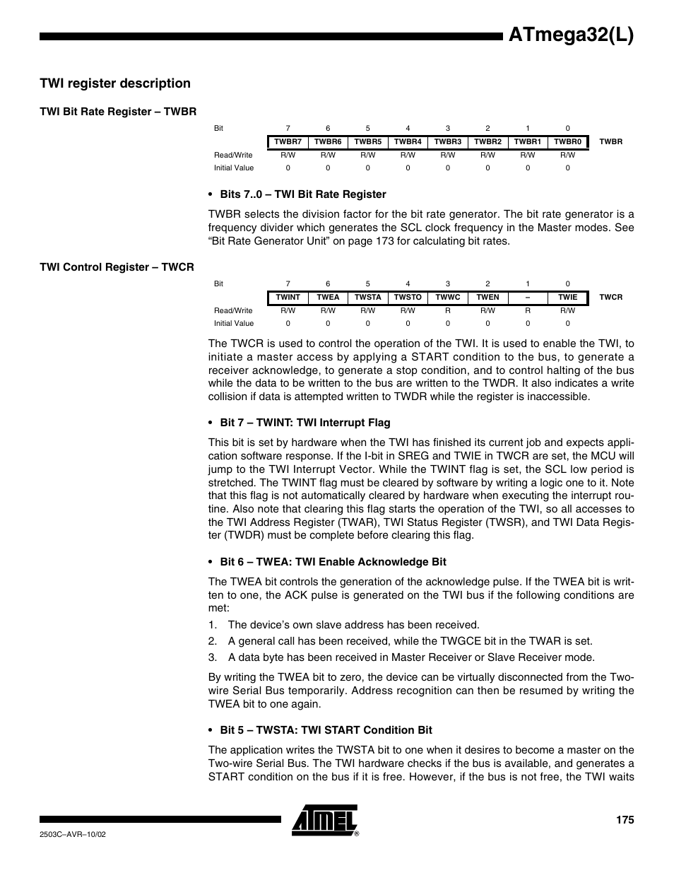 Twi register description, Twi bit rate register – twbr, Twi control register – twcr | Atmega32(l) | Rainbow Electronics ATmega32L User Manual | Page 175 / 313