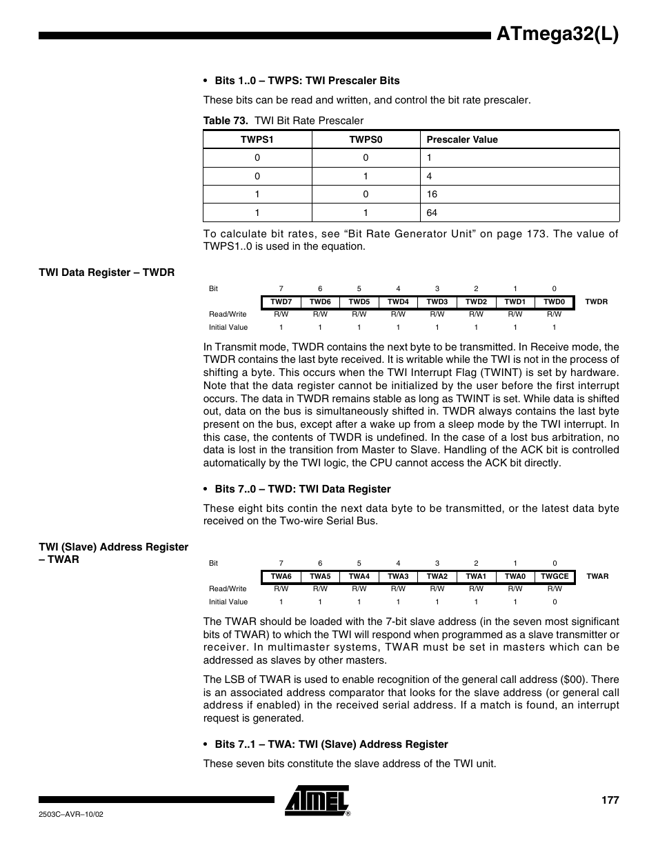 Twi data register – twdr, Twi (slave) address register – twar, Atmega32(l) | Rainbow Electronics ATmega32L User Manual | Page 177 / 313