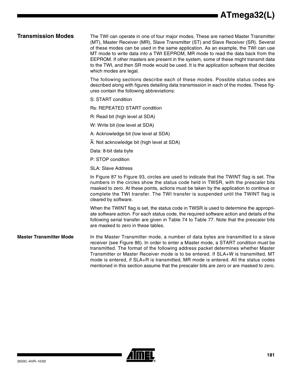 Transmission modes, Master transmitter mode, Atmega32(l) | Rainbow Electronics ATmega32L User Manual | Page 181 / 313