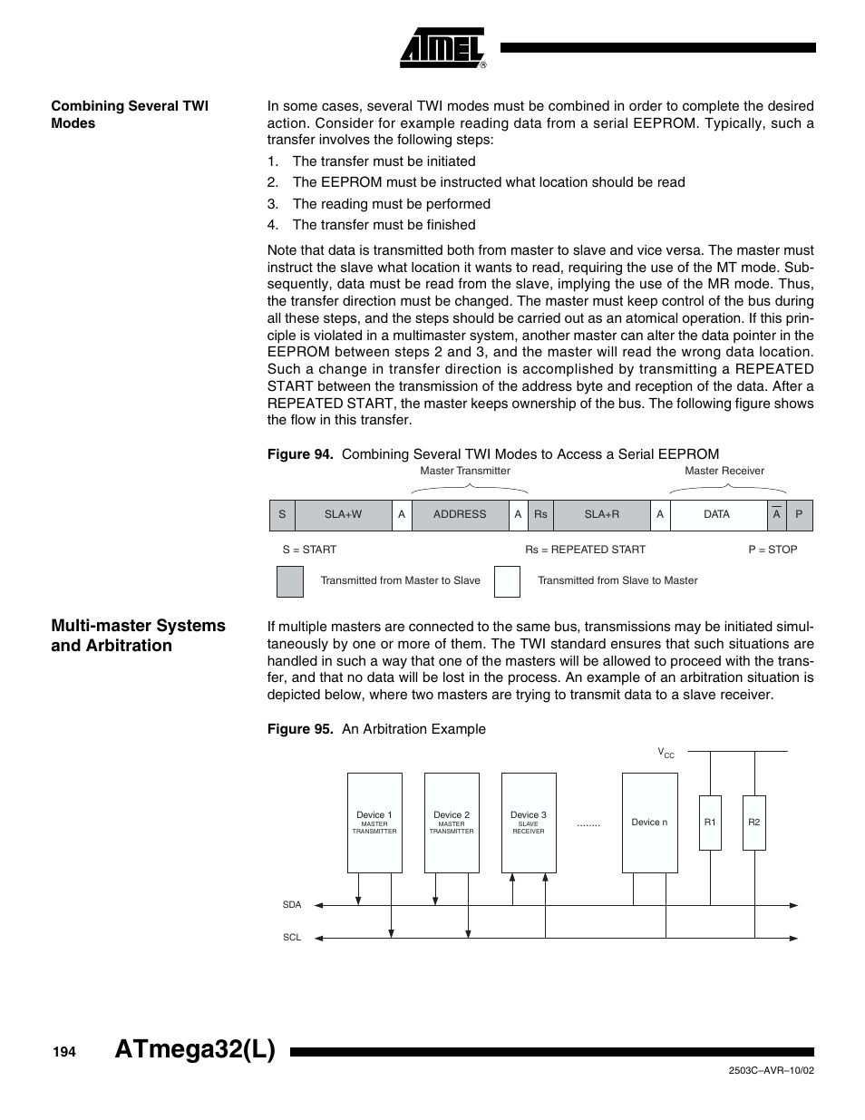 Combining several twi modes, Multi-master systems and arbitration, Atmega32(l) | Rainbow Electronics ATmega32L User Manual | Page 194 / 313