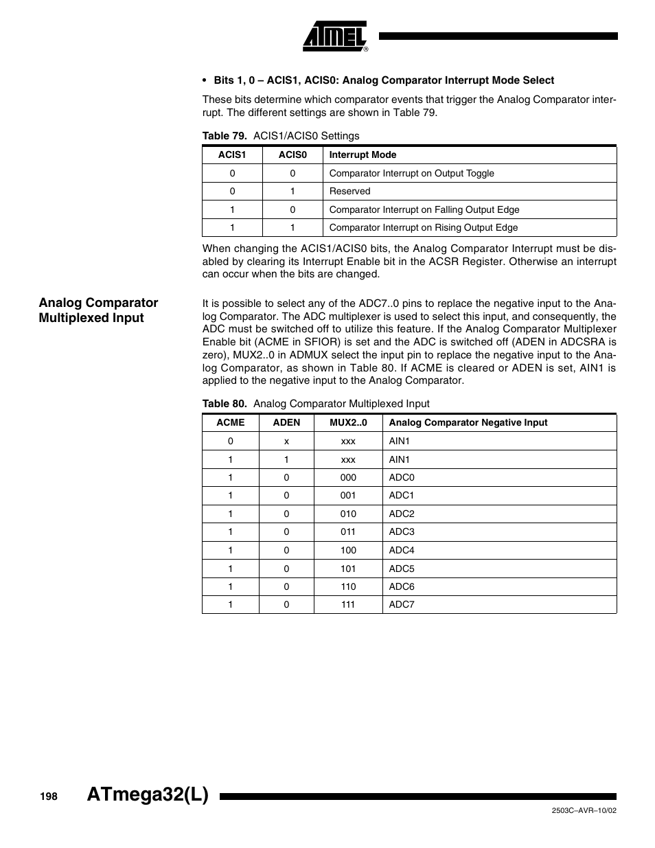 Analog comparator multiplexed input, Atmega32(l) | Rainbow Electronics ATmega32L User Manual | Page 198 / 313