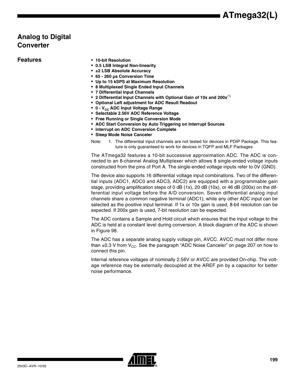 Analog to digital converter, Features, Atmega32(l) | Rainbow Electronics ATmega32L User Manual | Page 199 / 313