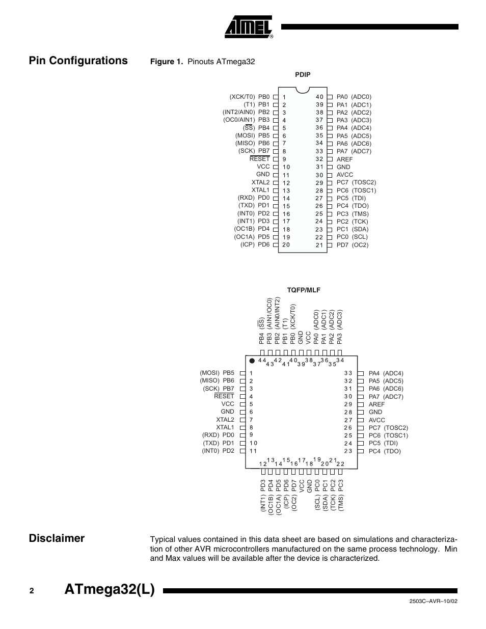Pin configurations, Disclaimer, Atmega32(l) | Rainbow Electronics ATmega32L User Manual | Page 2 / 313