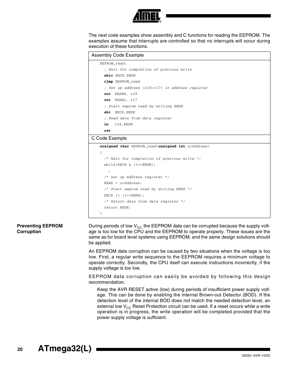 Preventing eeprom corruption, Atmega32(l) | Rainbow Electronics ATmega32L User Manual | Page 20 / 313