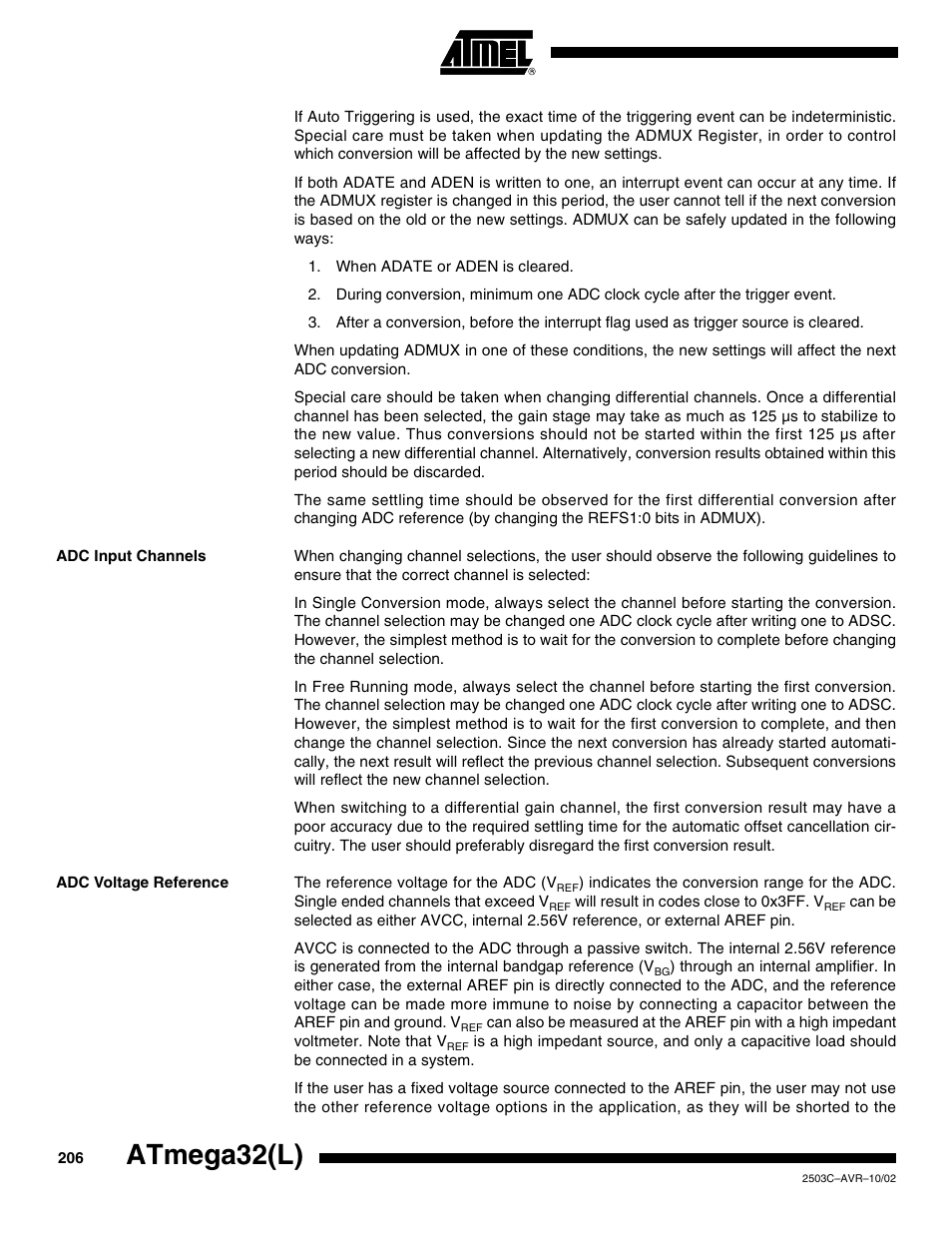 Adc input channels, Adc voltage reference, Atmega32(l) | Rainbow Electronics ATmega32L User Manual | Page 206 / 313