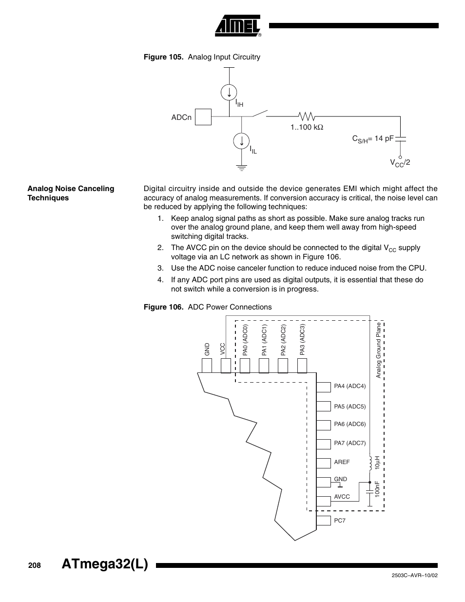 Analog noise canceling techniques, Atmega32(l) | Rainbow Electronics ATmega32L User Manual | Page 208 / 313