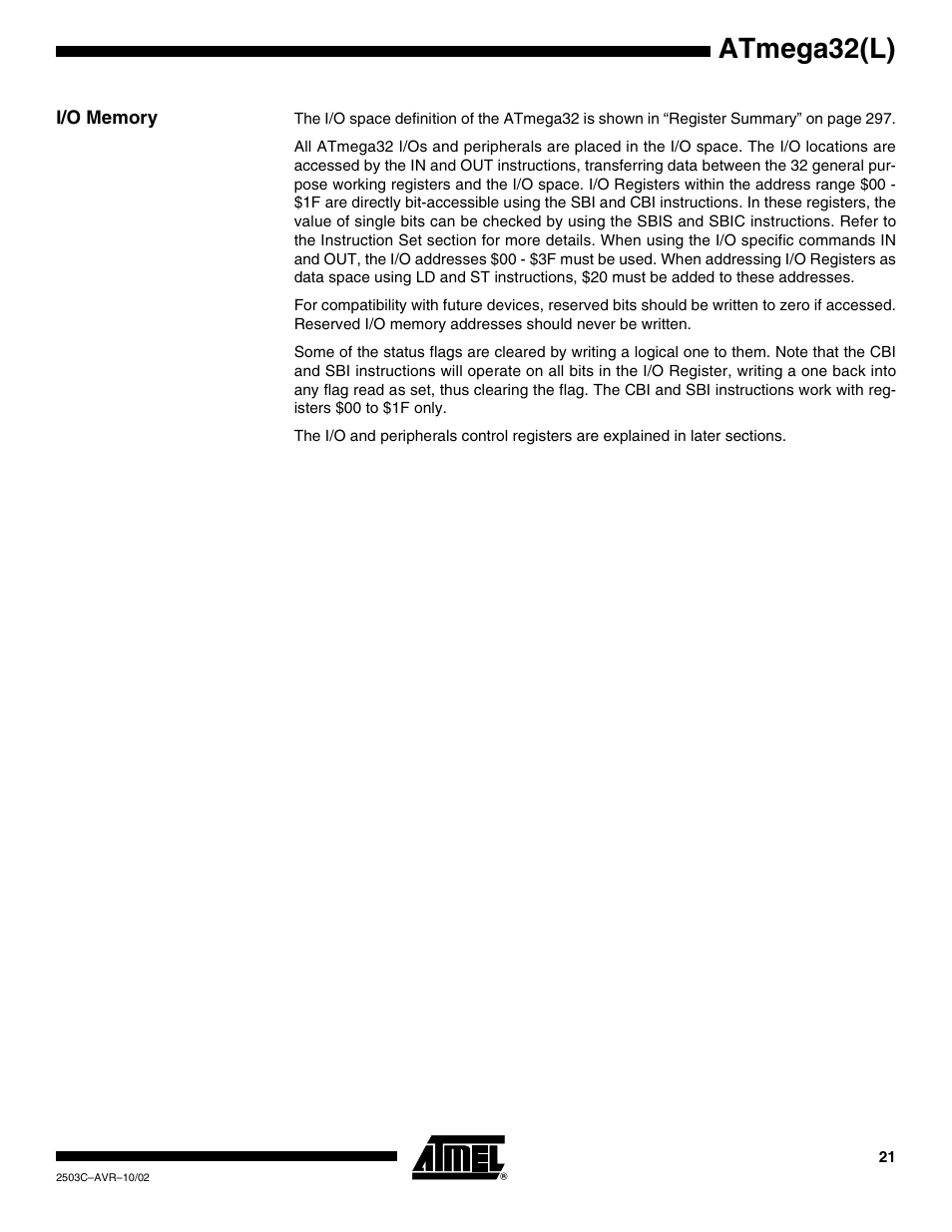 I/o memory, Atmega32(l) | Rainbow Electronics ATmega32L User Manual | Page 21 / 313