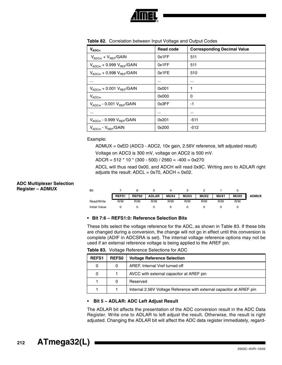 Adc multiplexer selection register – admux, Atmega32(l) | Rainbow Electronics ATmega32L User Manual | Page 212 / 313