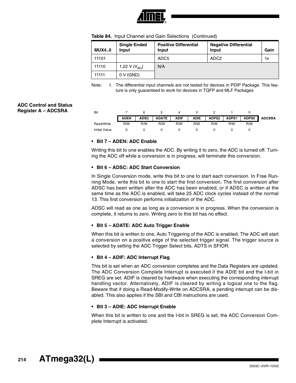 Adc control and status register a – adcsra, Atmega32(l) | Rainbow Electronics ATmega32L User Manual | Page 214 / 313