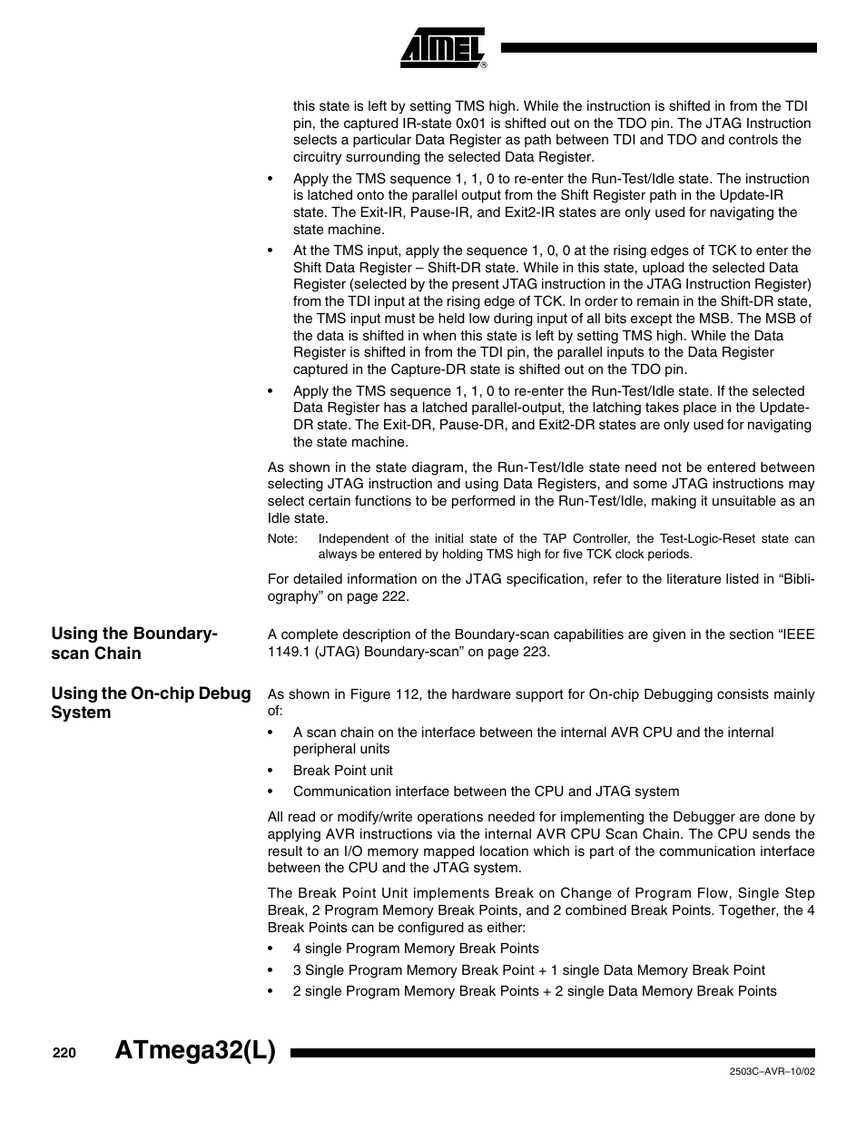 Using the boundary- scan chain, Using the on-chip debug system, Atmega32(l) | Rainbow Electronics ATmega32L User Manual | Page 220 / 313