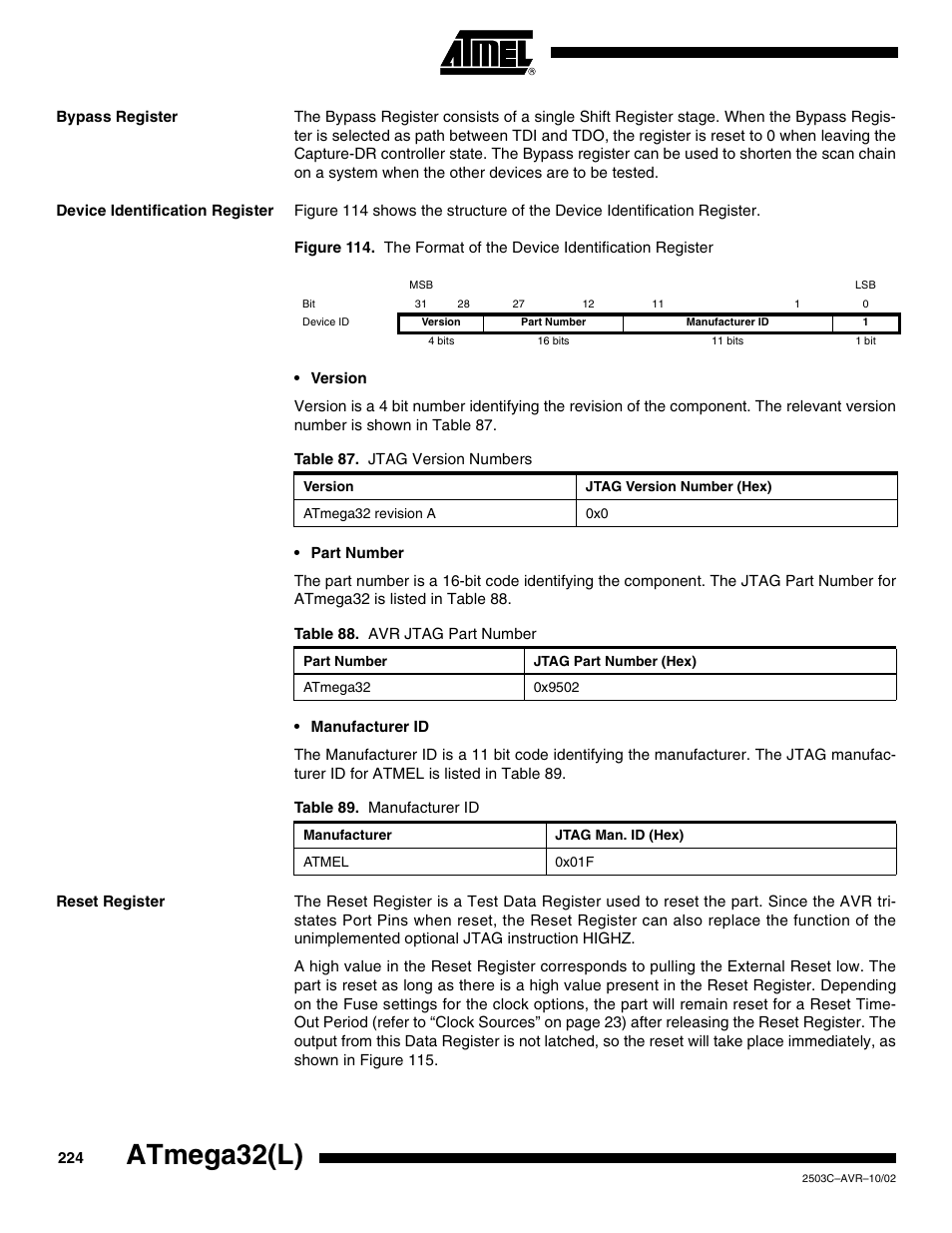 Bypass register, Device identification register, Reset register | Atmega32(l) | Rainbow Electronics ATmega32L User Manual | Page 224 / 313