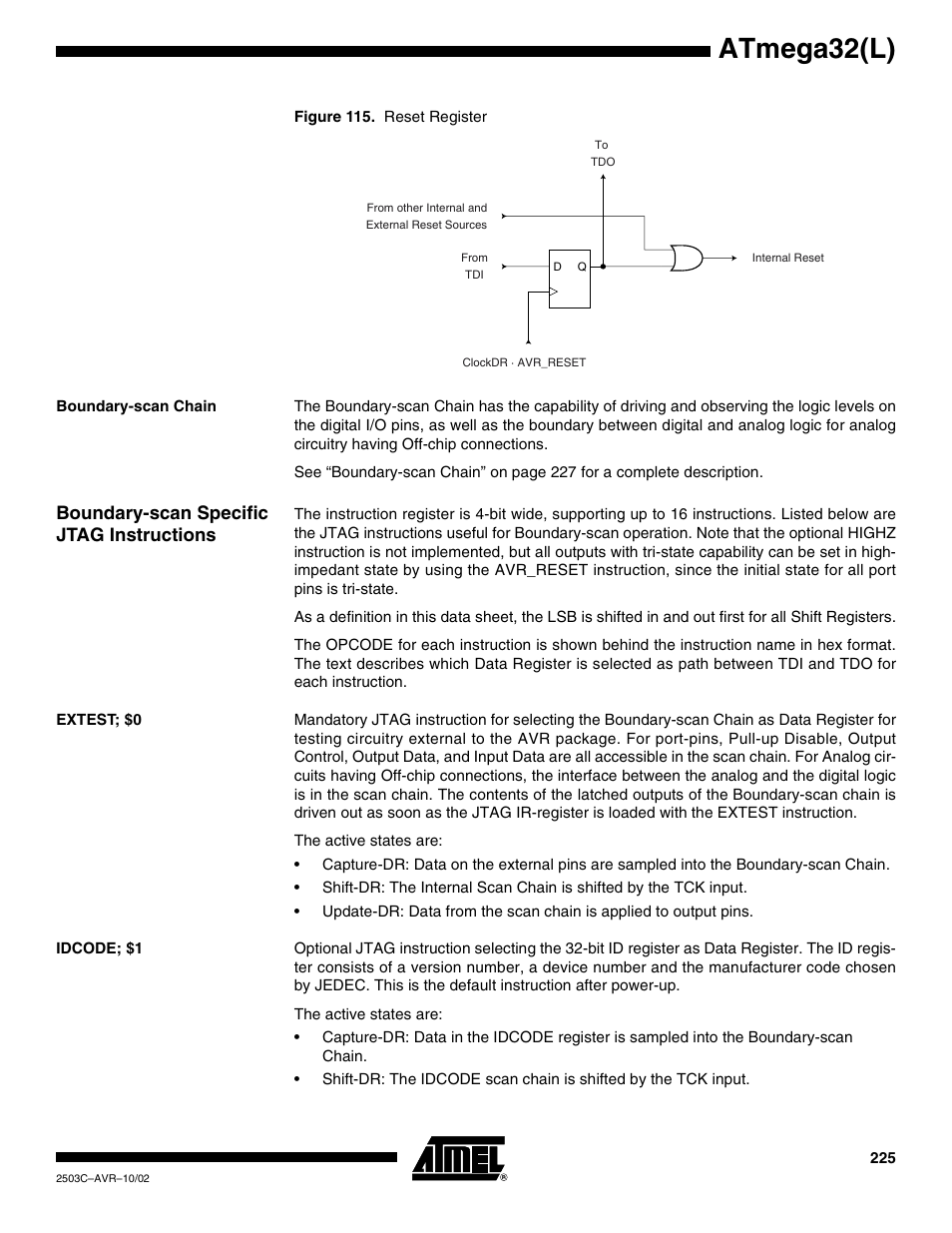Boundary-scan chain, Boundary-scan specific jtag instructions, Extest; $0 | Idcode; $1, Atmega32(l) | Rainbow Electronics ATmega32L User Manual | Page 225 / 313