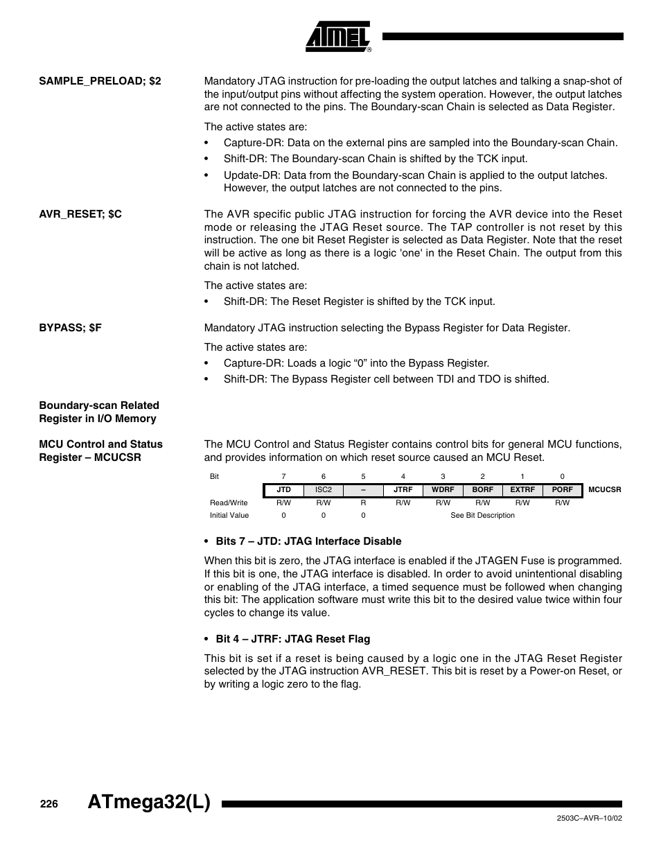 Sample_preload; $2, Avr_reset; $c, Bypass; $f | Boundary-scan related register in i/o memory, Mcu control and status register – mcucsr, Atmega32(l) | Rainbow Electronics ATmega32L User Manual | Page 226 / 313