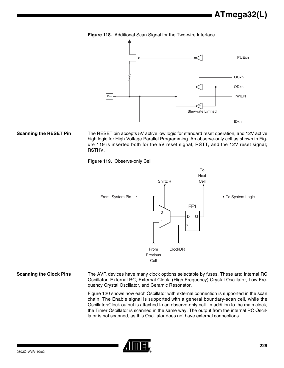 Scanning the reset pin, Scanning the clock pins, Atmega32(l) | Rainbow Electronics ATmega32L User Manual | Page 229 / 313
